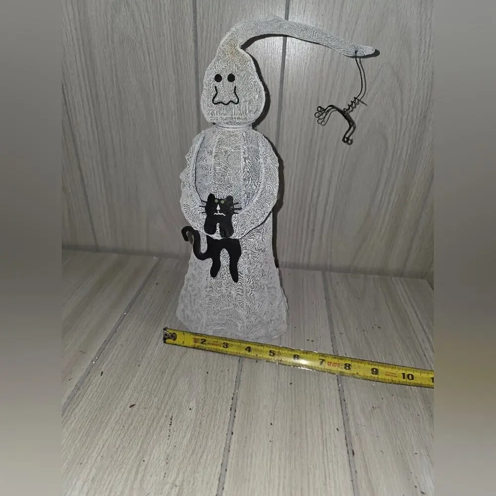 Vtg Ghost Holding Black Cat Light Cover With Hanging Spider Halloween Decor